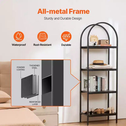 VEVOR Metal Bookshelf, 4-Tier Arched Industrial Bookshelf, Small Rustic Vintage Storage Bookcase with Open Shelves, Freestanding Display Shelving
