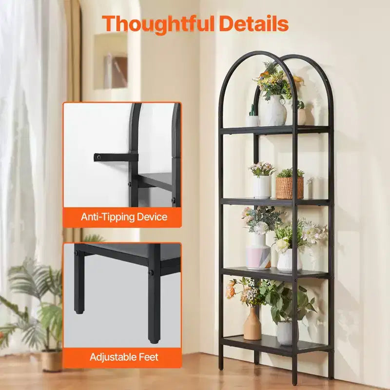 VEVOR Metal Bookshelf, 4-Tier Arched Industrial Bookshelf, Small Rustic Vintage Storage Bookcase with Open Shelves, Freestanding Display Shelving