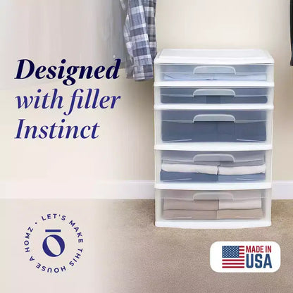 Tour de rangement et d'organisation Homz extra large en plastique avec 5 tiroirs transparents pour la maison, le bureau, la salle de classe, les loisirs créatifs, les fournitures artistiques, les vêtements, cadre blanc