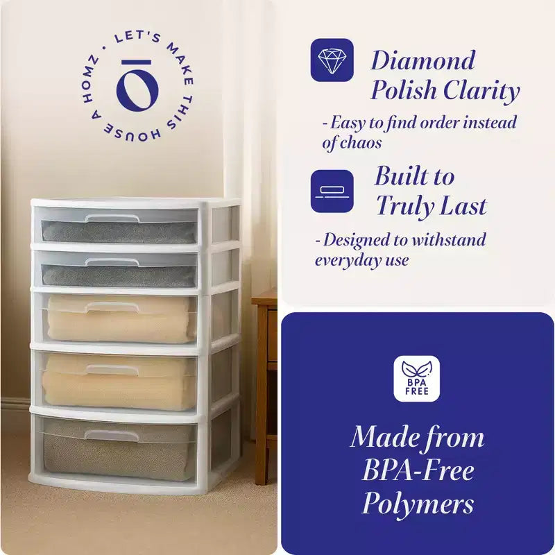 Tour de rangement et d'organisation Homz extra large en plastique avec 5 tiroirs transparents pour la maison, le bureau, la salle de classe, les loisirs créatifs, les fournitures artistiques, les vêtements, cadre blanc