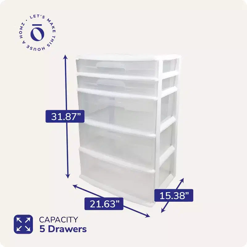Tour de rangement et d'organisation Homz extra large en plastique avec 5 tiroirs transparents pour la maison, le bureau, la salle de classe, les loisirs créatifs, les fournitures artistiques, les vêtements, cadre blanc
