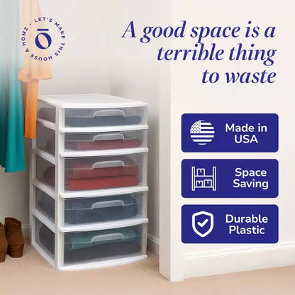 Tour de rangement et d'organisation Homz extra large en plastique avec 5 tiroirs transparents pour la maison, le bureau, la salle de classe, les loisirs créatifs, les fournitures artistiques, les vêtements, cadre blanc