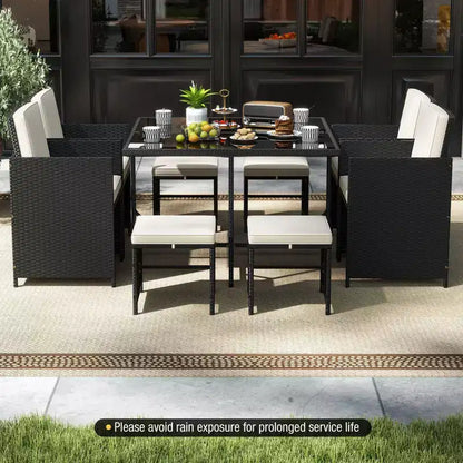 Costway Ensemble de salle à manger de patio 9 pièces avec table en verre trempé et coussins amovibles de pouf blanc cassé/beige