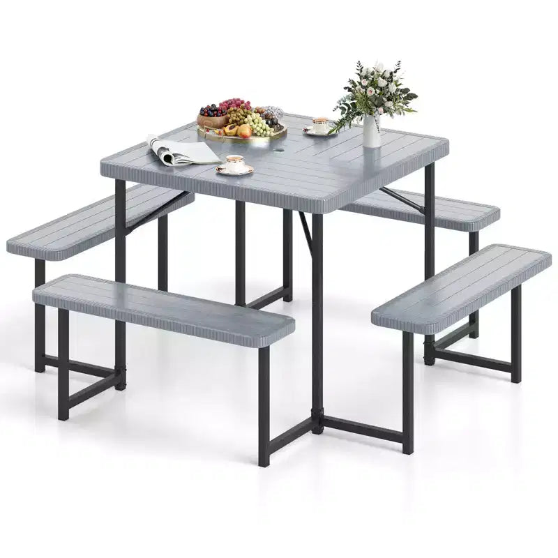 Costway Picnic Table Bench Set for 4-8 People with Umbrella Hole All-Weather HDPE Tabletop Black/Gray/Green/White