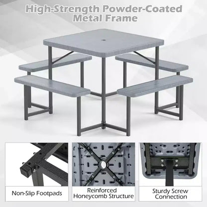 Costway Picnic Table Bench Set for 4-8 People with Umbrella Hole All-Weather HDPE Tabletop Black/Gray/Green/White