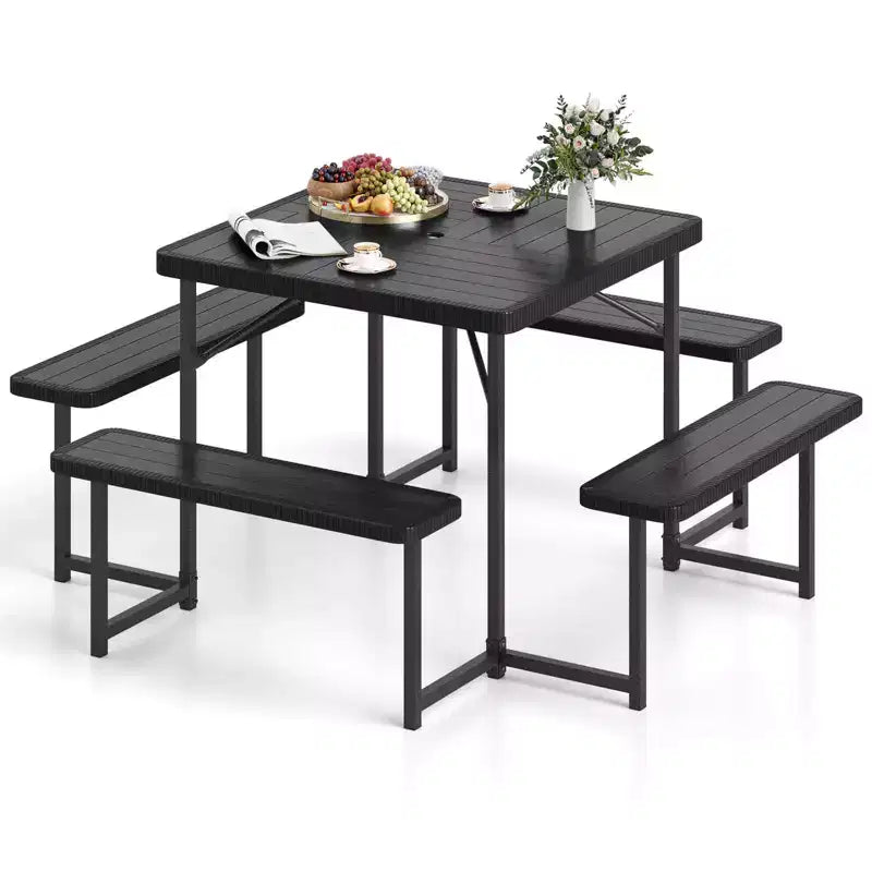 Costway Picnic Table Bench Set for 4-8 People with Umbrella Hole All-Weather HDPE Tabletop Black/Gray/Green/White