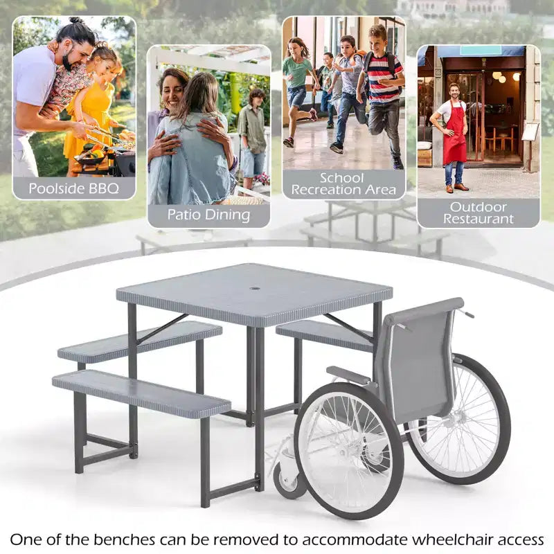Costway Picnic Table Bench Set for 4-8 People with Umbrella Hole All-Weather HDPE Tabletop Black/Gray/Green/White