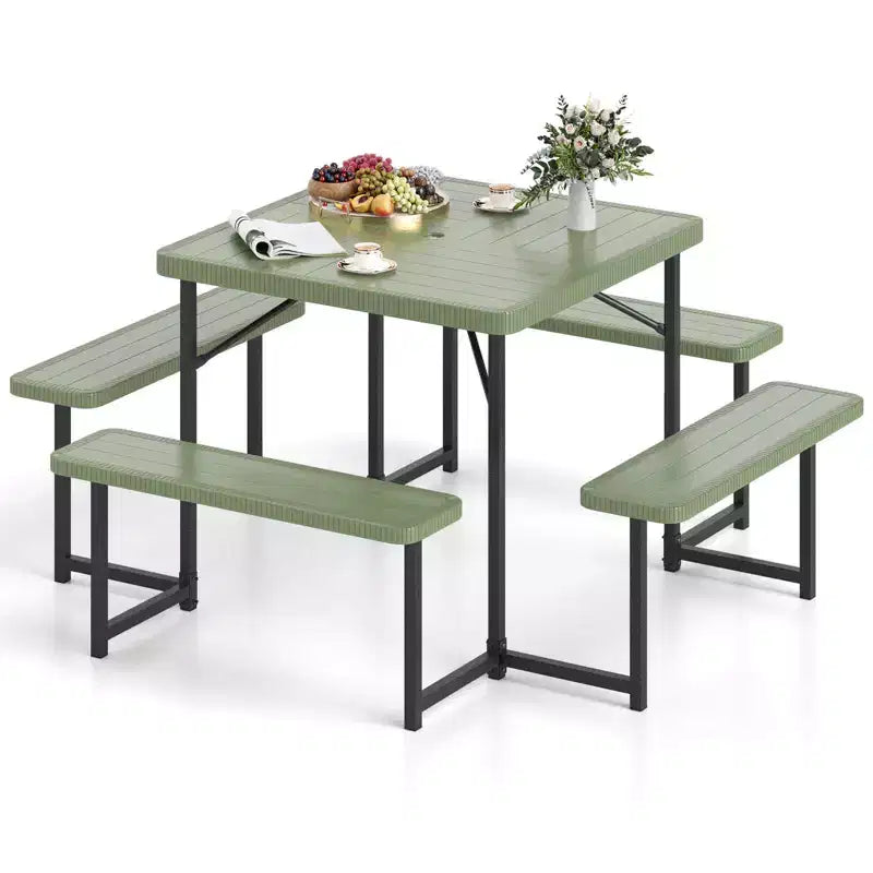 Costway Picnic Table Bench Set for 4-8 People with Umbrella Hole All-Weather HDPE Tabletop Black/Gray/Green/White