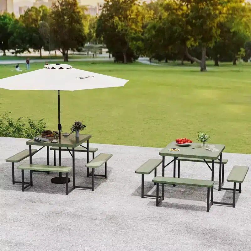 Costway Picnic Table Bench Set for 4-8 People with Umbrella Hole All-Weather HDPE Tabletop Black/Gray/Green/White