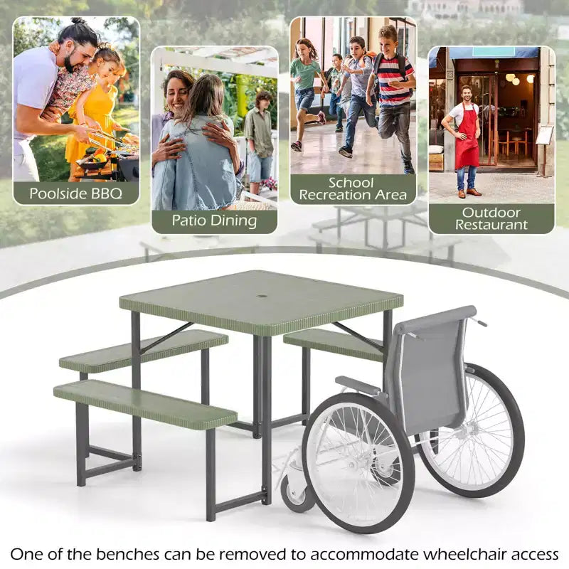 Costway Picnic Table Bench Set for 4-8 People with Umbrella Hole All-Weather HDPE Tabletop Black/Gray/Green/White