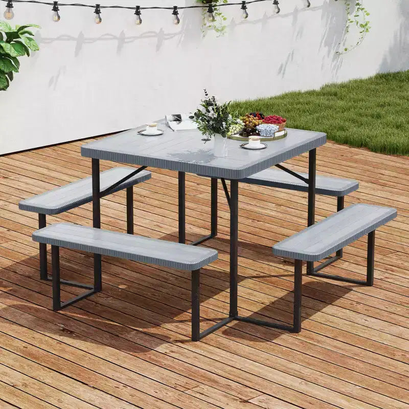 Costway Picnic Table Bench Set for 4-8 People with Umbrella Hole All-Weather HDPE Tabletop Black/Gray/Green/White