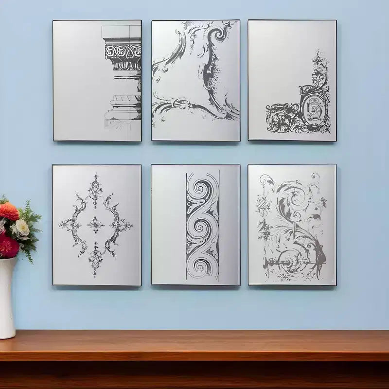 HomeRoots Set of Six Decorative Antiqued Glass Black Metal Framed Mirror Set