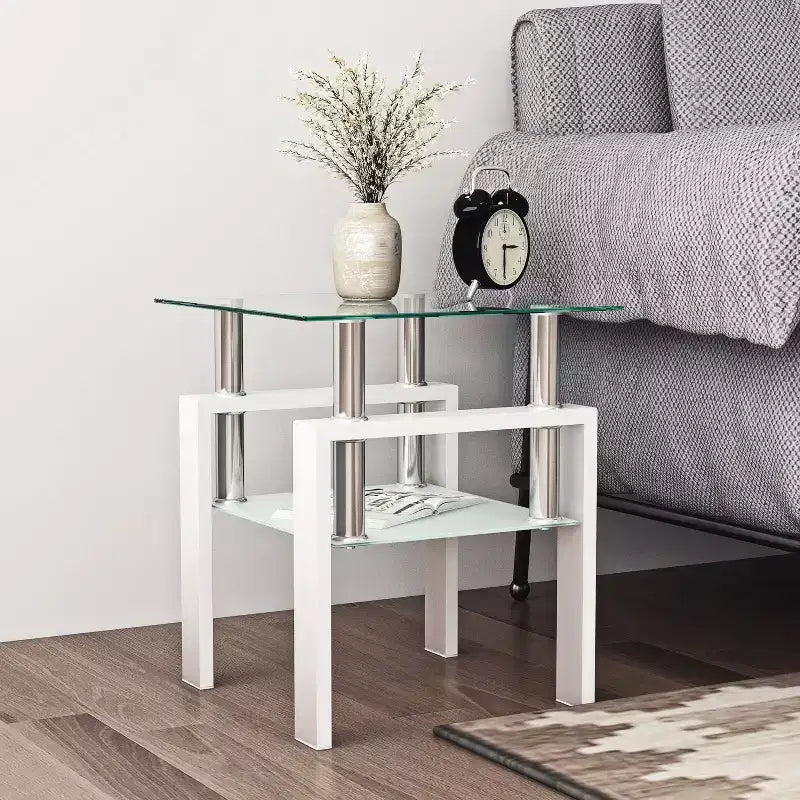 1-Piece Modern Tempered Glass Tea Table Coffee Table End Table, Square Table for Living Room, Transparent/Black