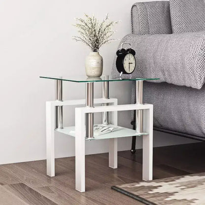 1-Piece Modern Tempered Glass Tea Table Coffee Table End Table, Square Table for Living Room, Transparent/Black