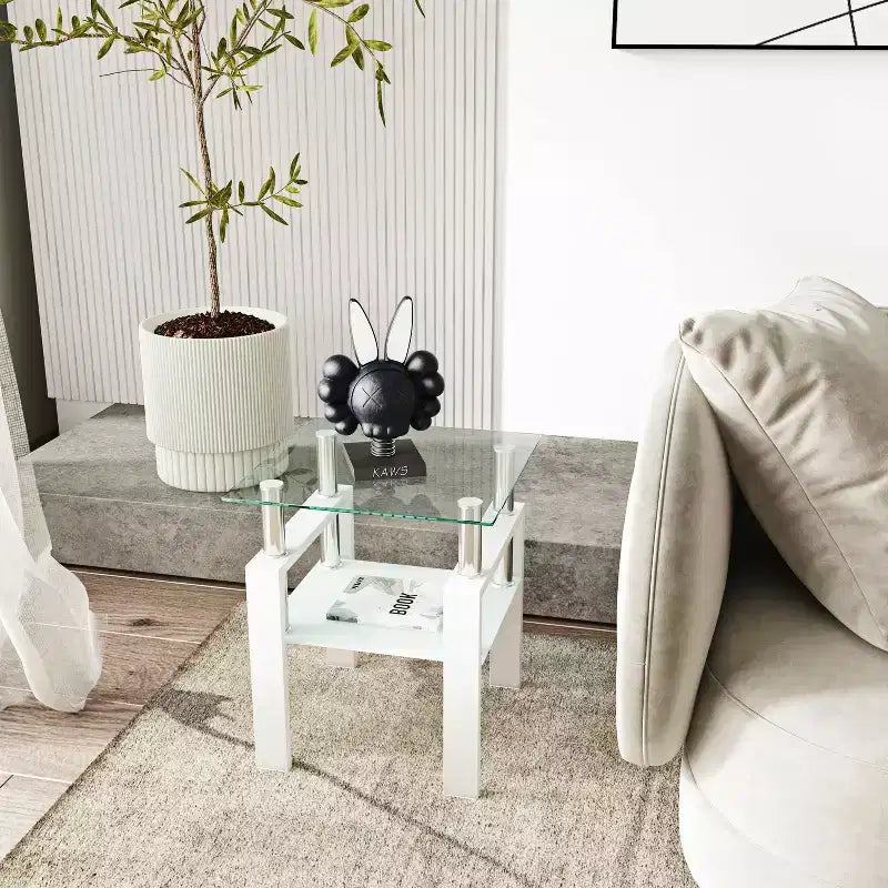 1-Piece Modern Tempered Glass Tea Table Coffee Table End Table, Square Table for Living Room, Transparent/Black