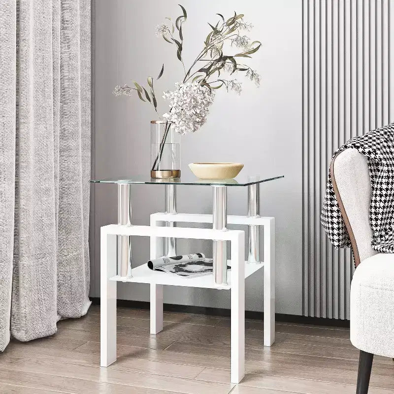 1-Piece Modern Tempered Glass Tea Table Coffee Table End Table, Square Table for Living Room, Transparent/Black