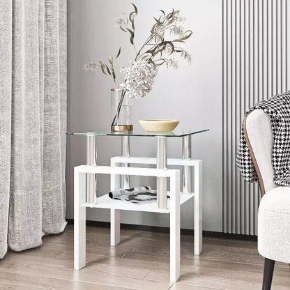 1-Piece Modern Tempered Glass Tea Table Coffee Table End Table, Square Table for Living Room, Transparent/Black