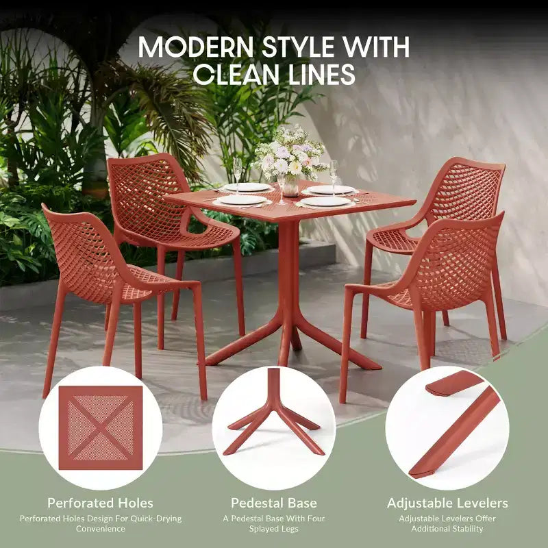 Ensemble de table à manger de terrasse WestinTrends Playa Modern 5 pièces en résine avec chaises de salle à manger de terrasse empilables, rouge