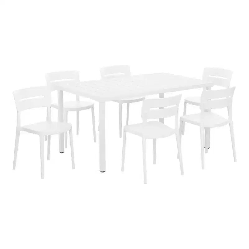 WestinTrends Playa 7-Piece Outdoor Rectangular Metal Patio Dining Table Set With Stackable Patio Chairs
