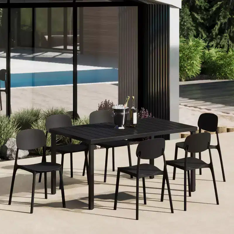 Ensemble de salle à manger d'extérieur rectangulaire en métal 7 pièces WestinTrends Playa avec chaises d'appoint empilables de style moderne du milieu du siècle