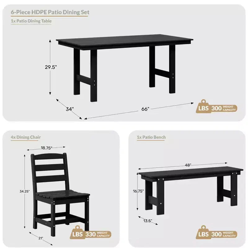 WestinTrends Ashore 6-Piece Outdoor HDPE Rectangular Patio Dining Table Set with Bench