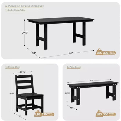 WestinTrends Ashore 6-Piece Outdoor HDPE Rectangular Patio Dining Table Set with Bench