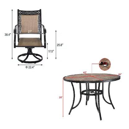 CLIHOME 5-Piece Outdoor Aluminum Dining Set With 4 360 Swivel Chairs & 1 48 Round Ceramic Table With Umbrella Hole