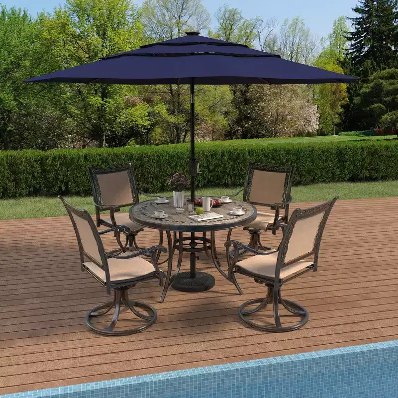 CLIHOME 5-Piece Outdoor Aluminum Dining Set With 4 360 Swivel Chairs & 1 48 Round Ceramic Tile Table With Umbrella Hole
