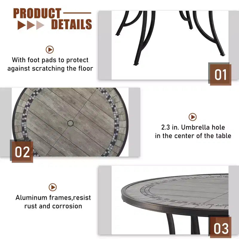 CLIHOME 5-Piece Outdoor Aluminum Dining Set With 4 360 Swivel Chairs & 1 48 Round Ceramic Tile Table With Umbrella Hole