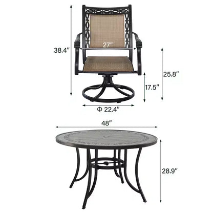 CLIHOME 5-Piece Outdoor Aluminum Dining Set With 4 360 Swivel Chairs & 1 48 Round Ceramic Tile Table With Umbrella Hole