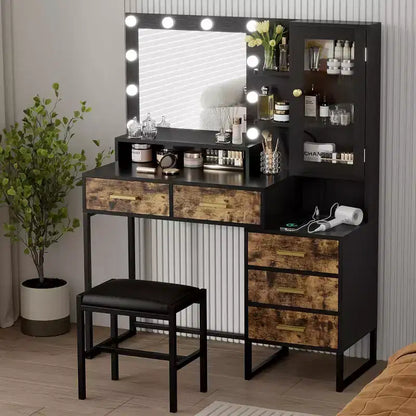 Coiffeuse de chambre avec miroir et lampe, 3 couleurs, coiffeuse en bois avec support de chargement, 5 tiroirs et étagère de rangement ouverte, noir