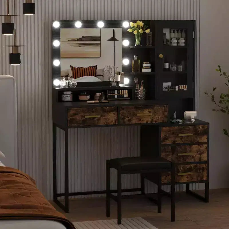 Coiffeuse de chambre avec miroir et lampe, 3 couleurs, coiffeuse en bois avec support de chargement, 5 tiroirs et étagère de rangement ouverte, noir