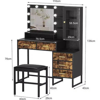 Coiffeuse de chambre avec miroir et lampe, 3 couleurs, coiffeuse en bois avec support de chargement, 5 tiroirs et étagère de rangement ouverte, noir