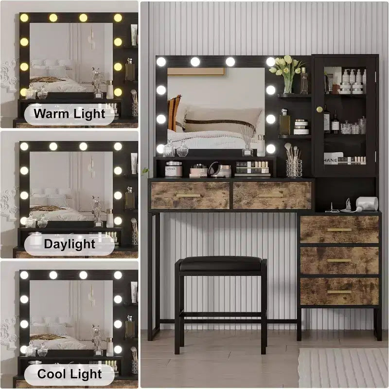 Coiffeuse de chambre avec miroir et lampe, 3 couleurs, coiffeuse en bois avec support de chargement, 5 tiroirs et étagère de rangement ouverte, noir