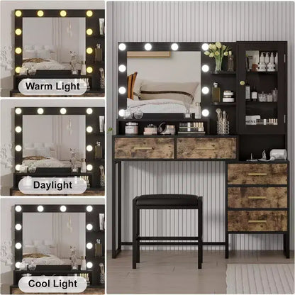 Coiffeuse de chambre avec miroir et lampe, 3 couleurs, coiffeuse en bois avec support de chargement, 5 tiroirs et étagère de rangement ouverte, noir