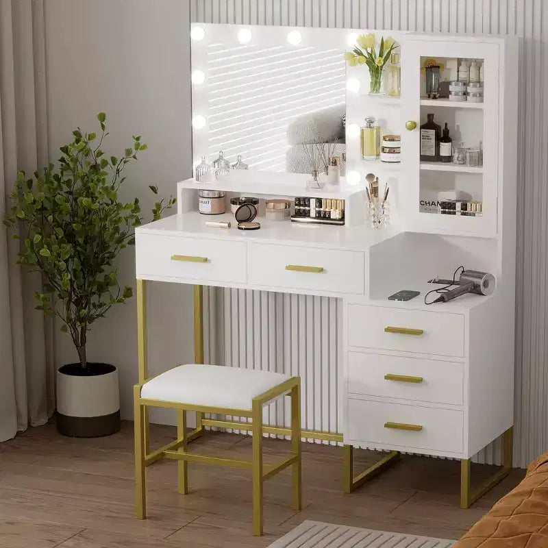Coiffeuse de chambre avec miroir et lampe, 3 couleurs, coiffeuse en bois avec support de chargement, 5 tiroirs et étagère de rangement ouverte, noir