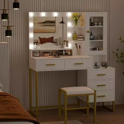 Coiffeuse de chambre avec miroir et lampe, 3 couleurs, coiffeuse en bois avec support de chargement, 5 tiroirs et étagère de rangement ouverte, noir