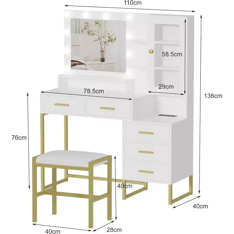 Coiffeuse de chambre avec miroir et lampe, 3 couleurs, coiffeuse en bois avec support de chargement, 5 tiroirs et étagère de rangement ouverte, noir