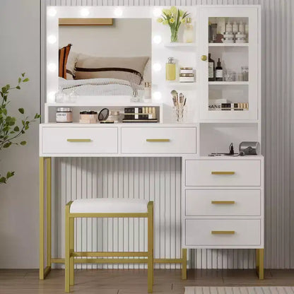 Coiffeuse de chambre avec miroir et lampe, 3 couleurs, coiffeuse en bois avec support de chargement, 5 tiroirs et étagère de rangement ouverte, noir