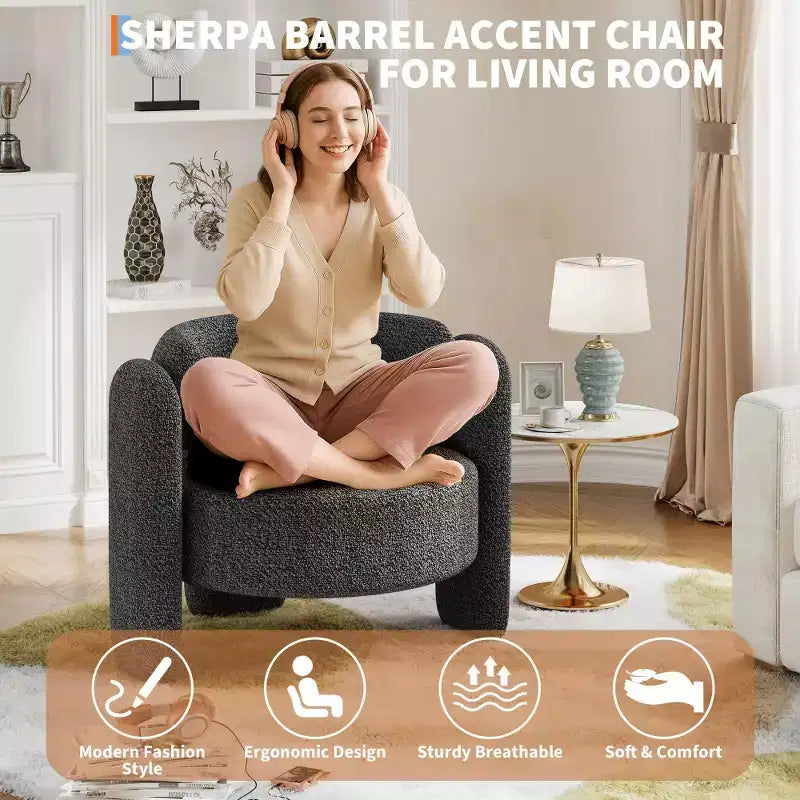 Fauteuil en chenille surdimensionné, fauteuil d'appoint moderne en forme de tonneau, fauteuil rond rembourré de style Mid-Century avec dossier ouvert, canapé simple, très grand
