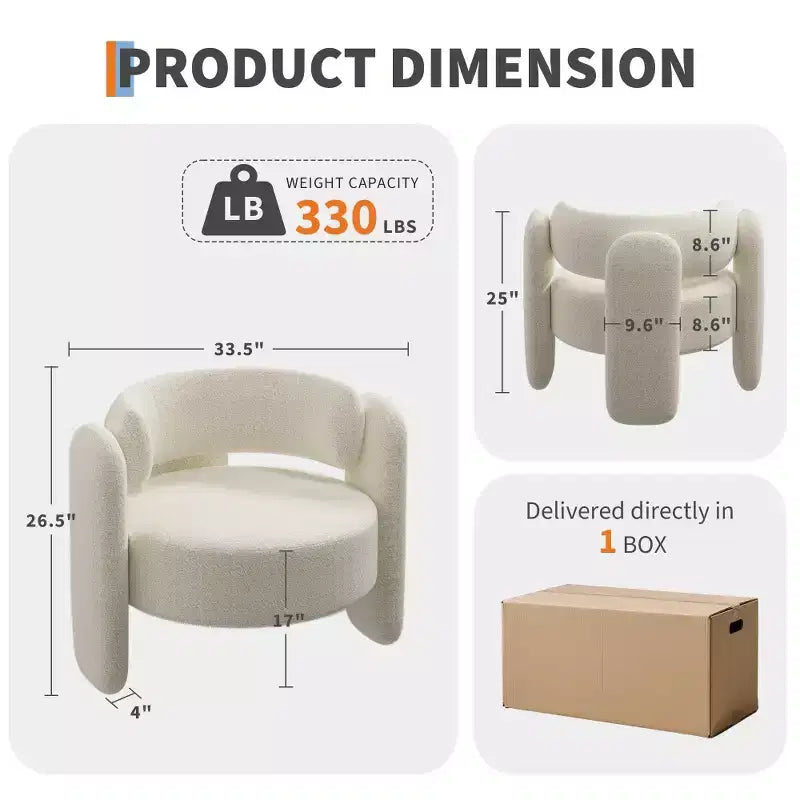 Fauteuil en chenille surdimensionné, fauteuil d'appoint moderne en forme de tonneau, fauteuil rond rembourré de style Mid-Century avec dossier ouvert, canapé simple, très grand