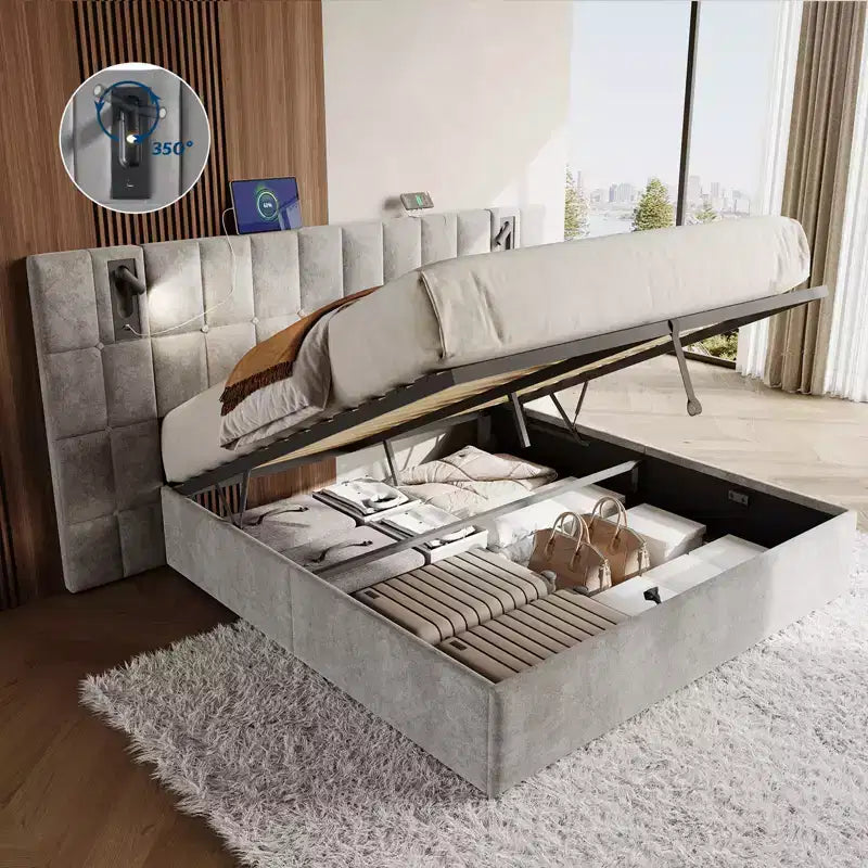 AMERLIFE Upholstered Bed Frame with Widened Headboard,Lift-Up Storage Bed and Built-in Light, Velvet