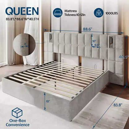 AMERLIFE Upholstered Bed Frame with Widened Headboard,Lift-Up Storage Bed and Built-in Light, Velvet