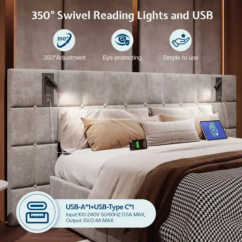 AMERLIFE Upholstered Bed Frame with Widened Headboard,Lift-Up Storage Bed and Built-in Light, Velvet
