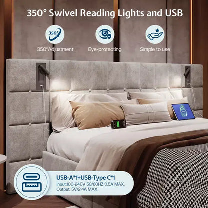 AMERLIFE Upholstered Bed Frame with Widened Headboard,Lift-Up Storage Bed and Built-in Light, Velvet