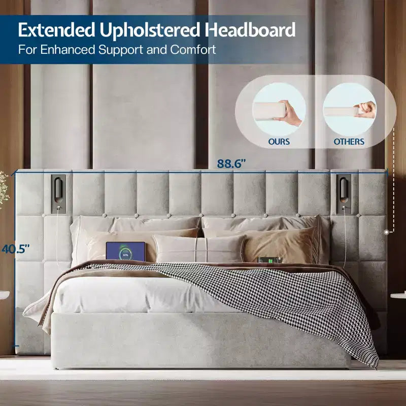 AMERLIFE Upholstered Bed Frame with Widened Headboard,Lift-Up Storage Bed and Built-in Light, Velvet