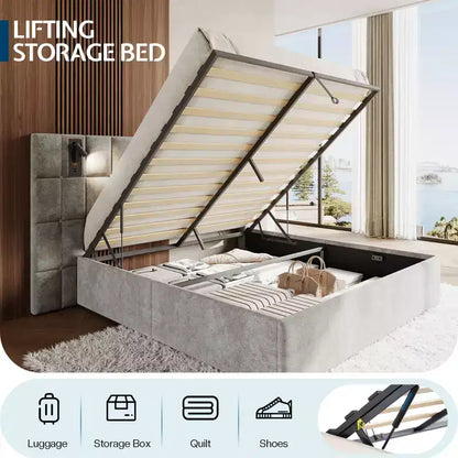 AMERLIFE Upholstered Bed Frame with Widened Headboard,Lift-Up Storage Bed and Built-in Light, Velvet