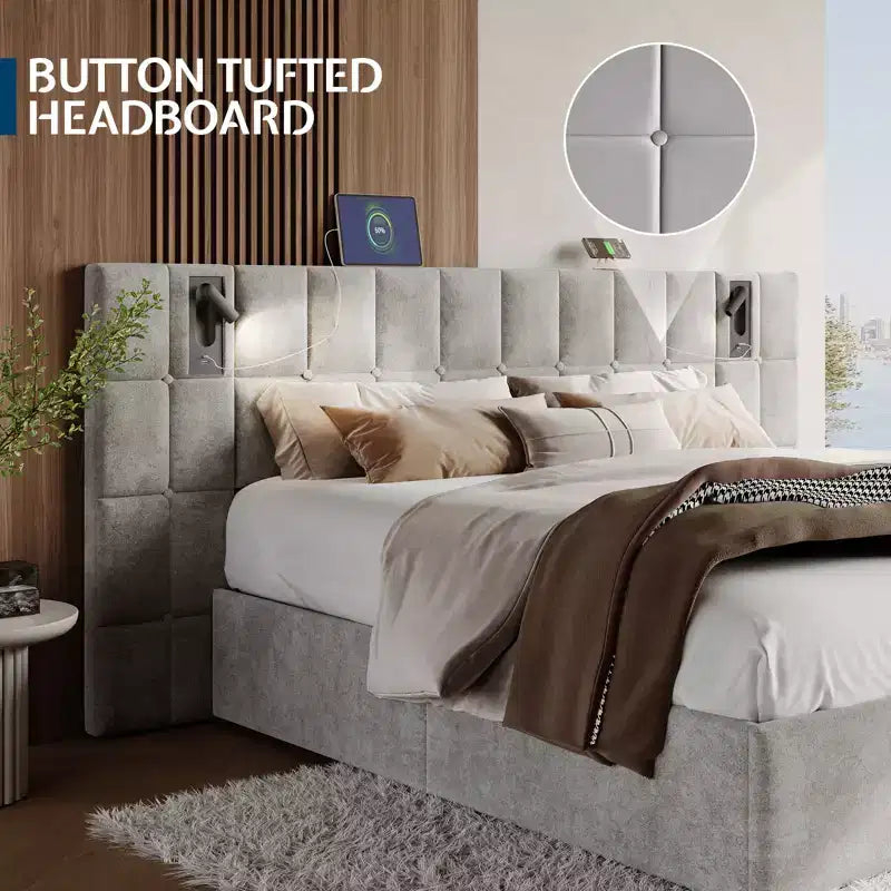 AMERLIFE Upholstered Bed Frame with Widened Headboard,Lift-Up Storage Bed and Built-in Light, Velvet