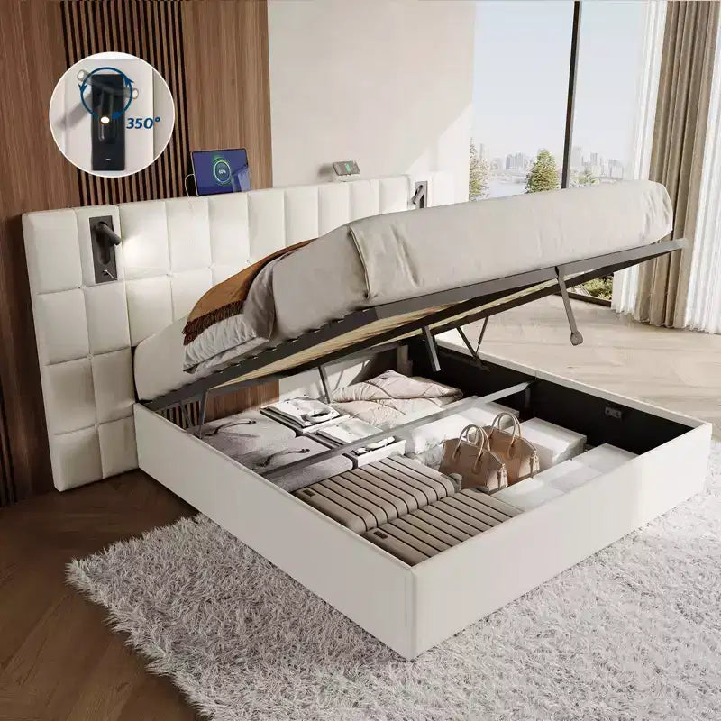 AMERLIFE Upholstered Bed Frame with Widened Headboard,Lift-Up Storage Bed and Built-in Light, Velvet