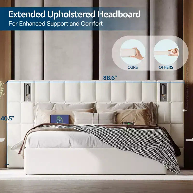 AMERLIFE Upholstered Bed Frame with Widened Headboard,Lift-Up Storage Bed and Built-in Light, Velvet